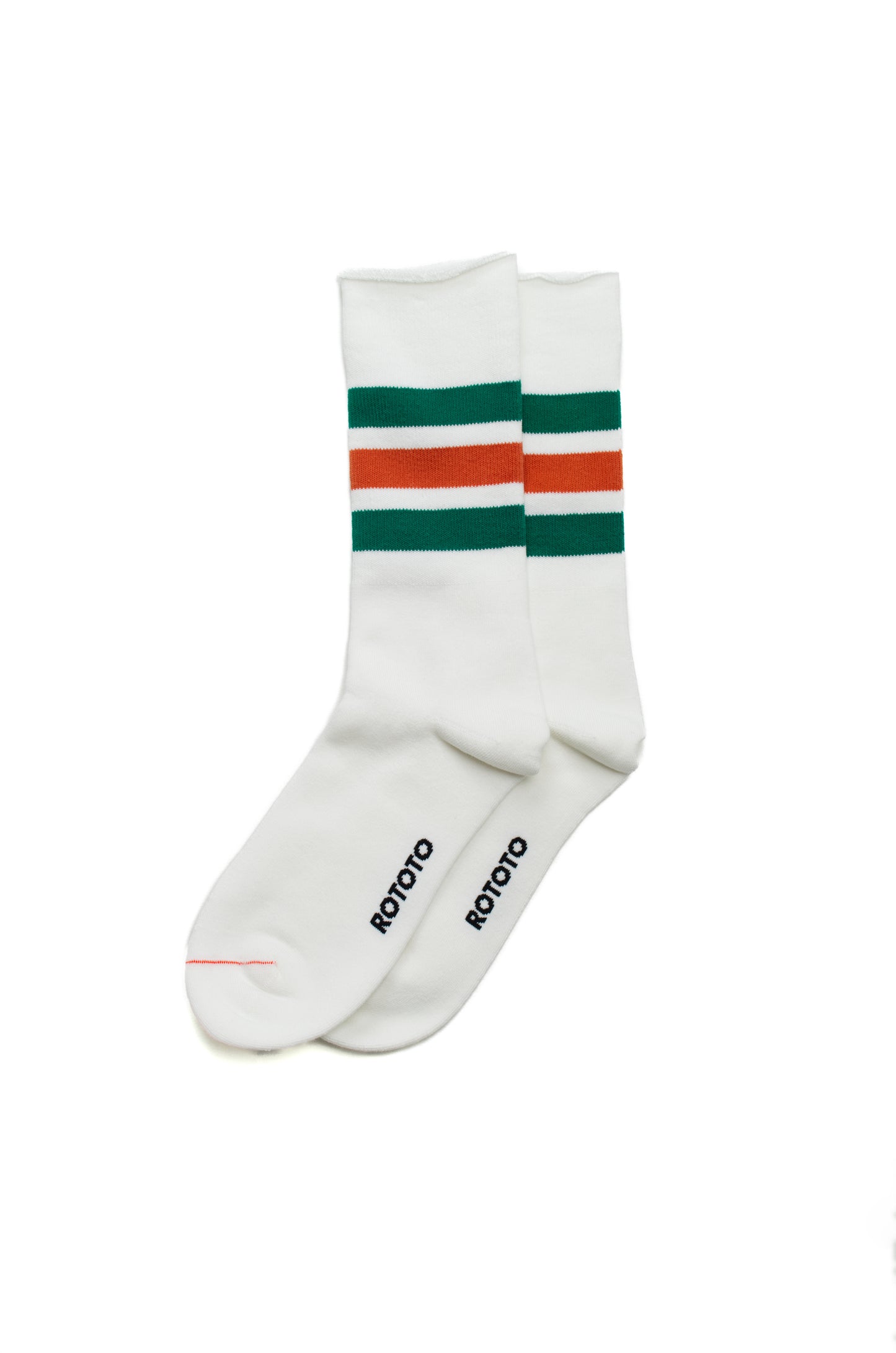 Rototo - Fine Pile Striped Crew Socks, White / Green / Orange
