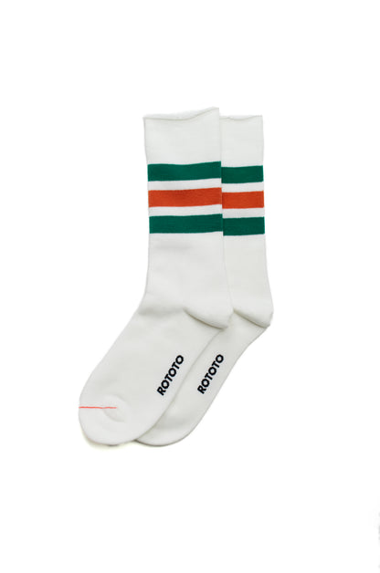 Rototo - Fine Pile Striped Crew Socks, White / Green / Orange