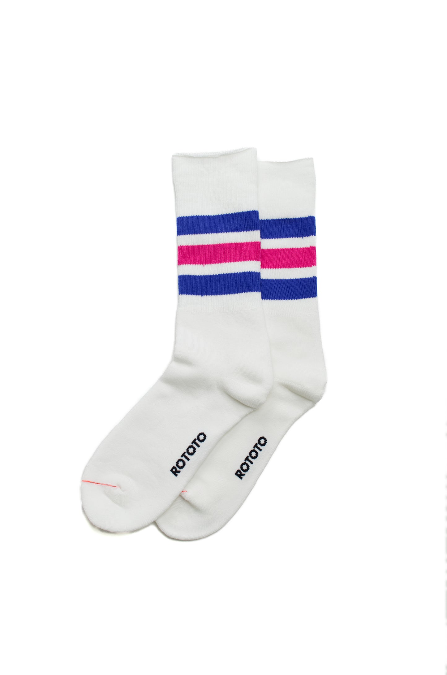 Rototo - Fine Pile Striped Crew Socks, White / Blue / Pink