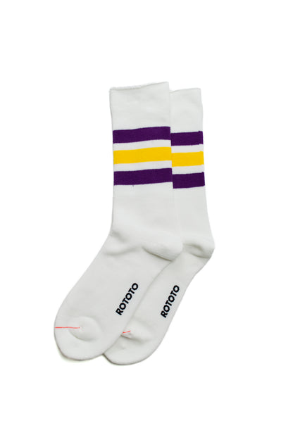 Rototo - Fine Pile Striped Crew Socks, White / Purple / Yellow